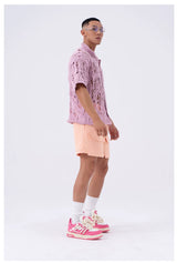 Peach Pink Multi-pocket Drawstring Beach Shorts