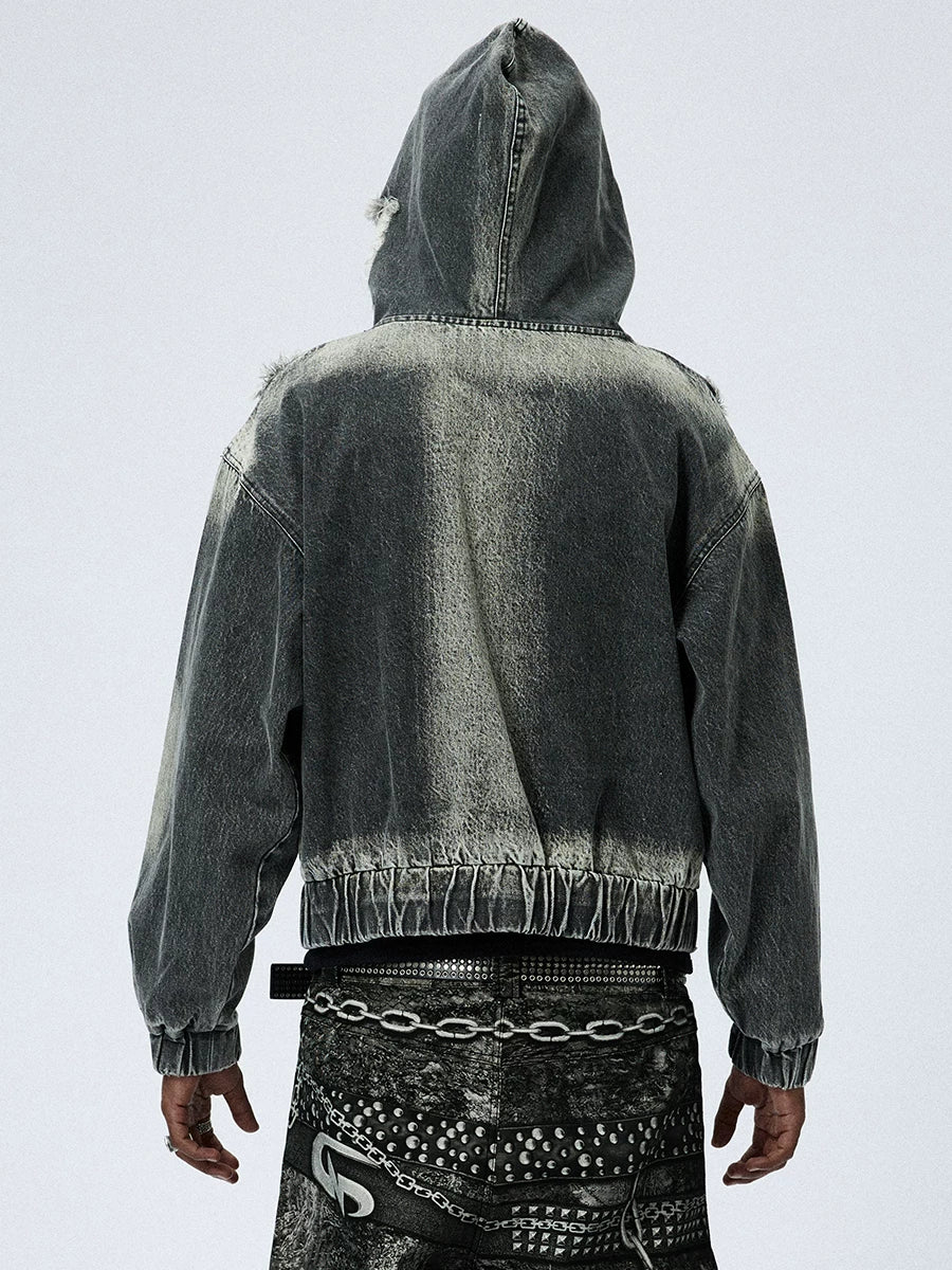 Washed Distressed Drop Shoulder Cropped Hoodie