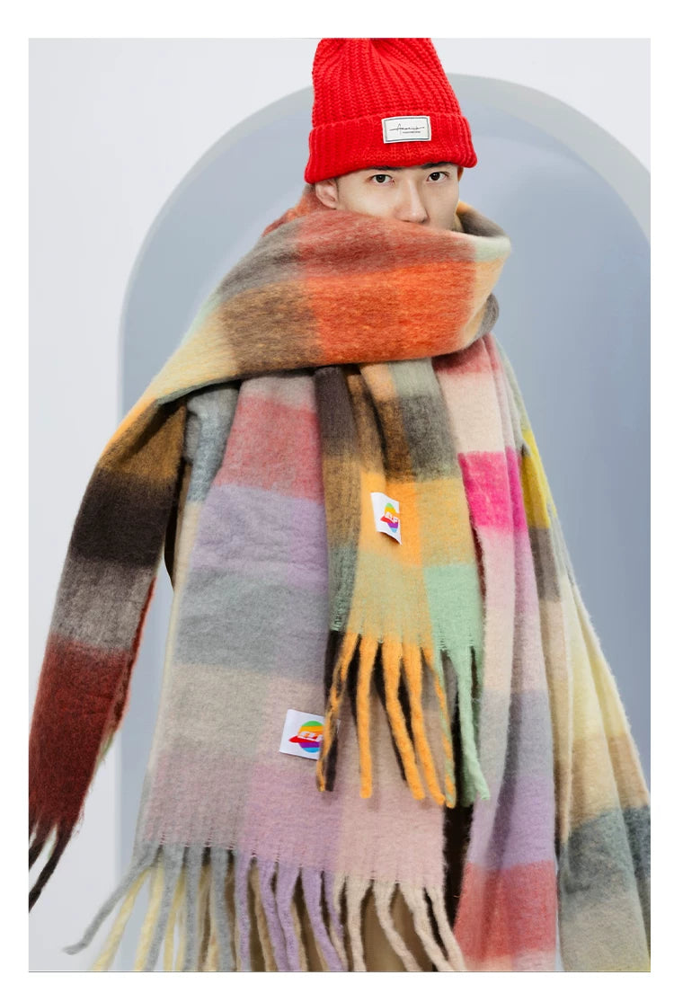 Fringed Rainbow Plaid Faux Cashmere Scarf