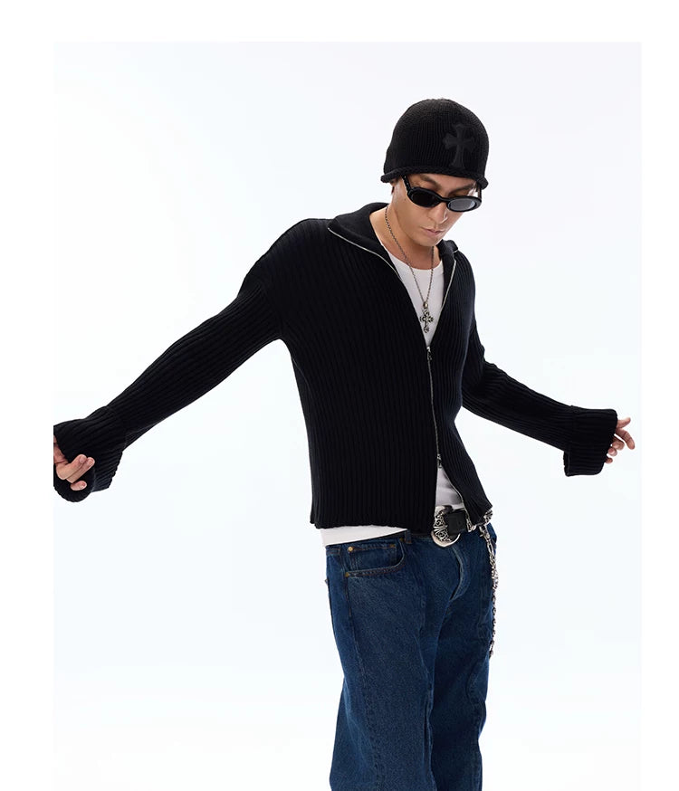 Cotton Ribbed Double Zipper Cardigan
