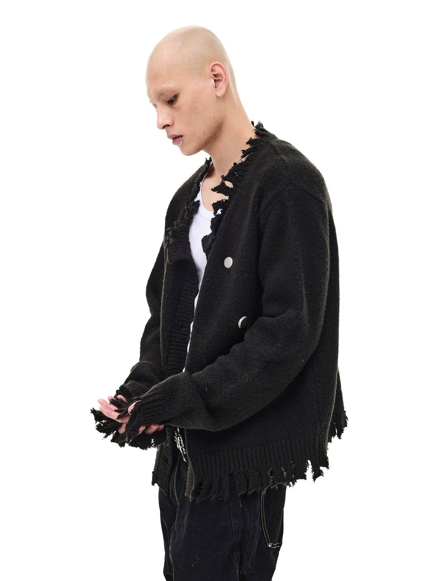 Washed Fringed Distressed Badge Knit Cardigan