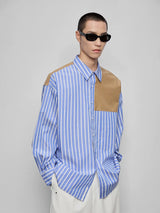 Color-block Striped Cotton Pocket Shirt