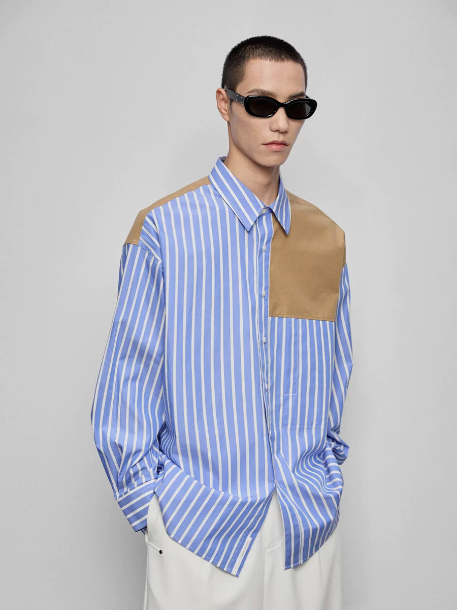 Color-block Striped Cotton Pocket Shirt