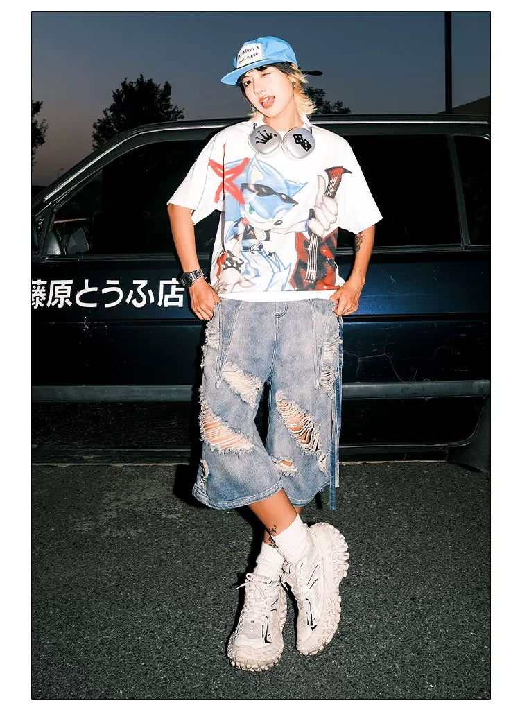 Washed Ripped Denim Shorts with Straps