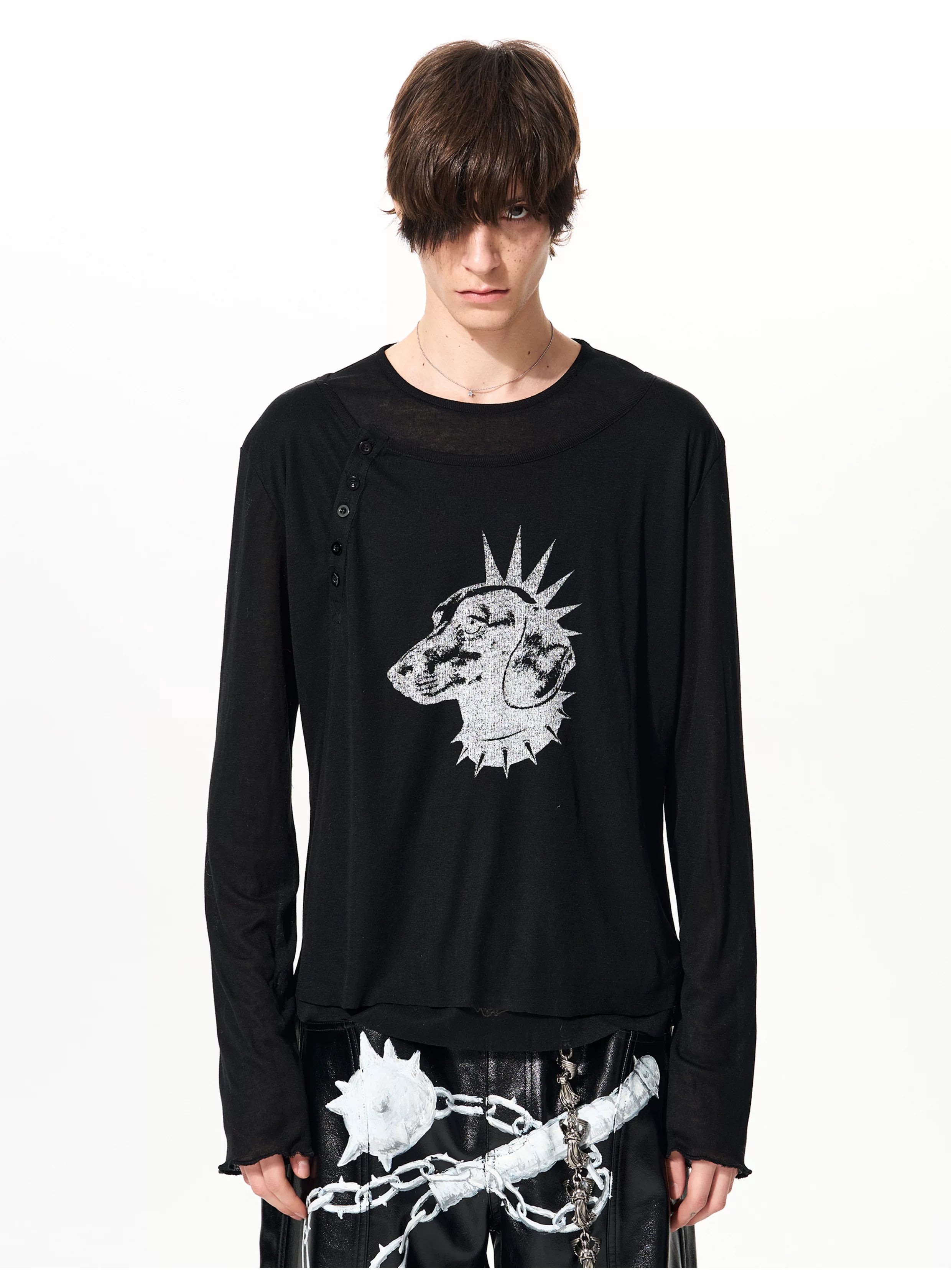 Men's Black Print Twofer Long-Sleeve Tee