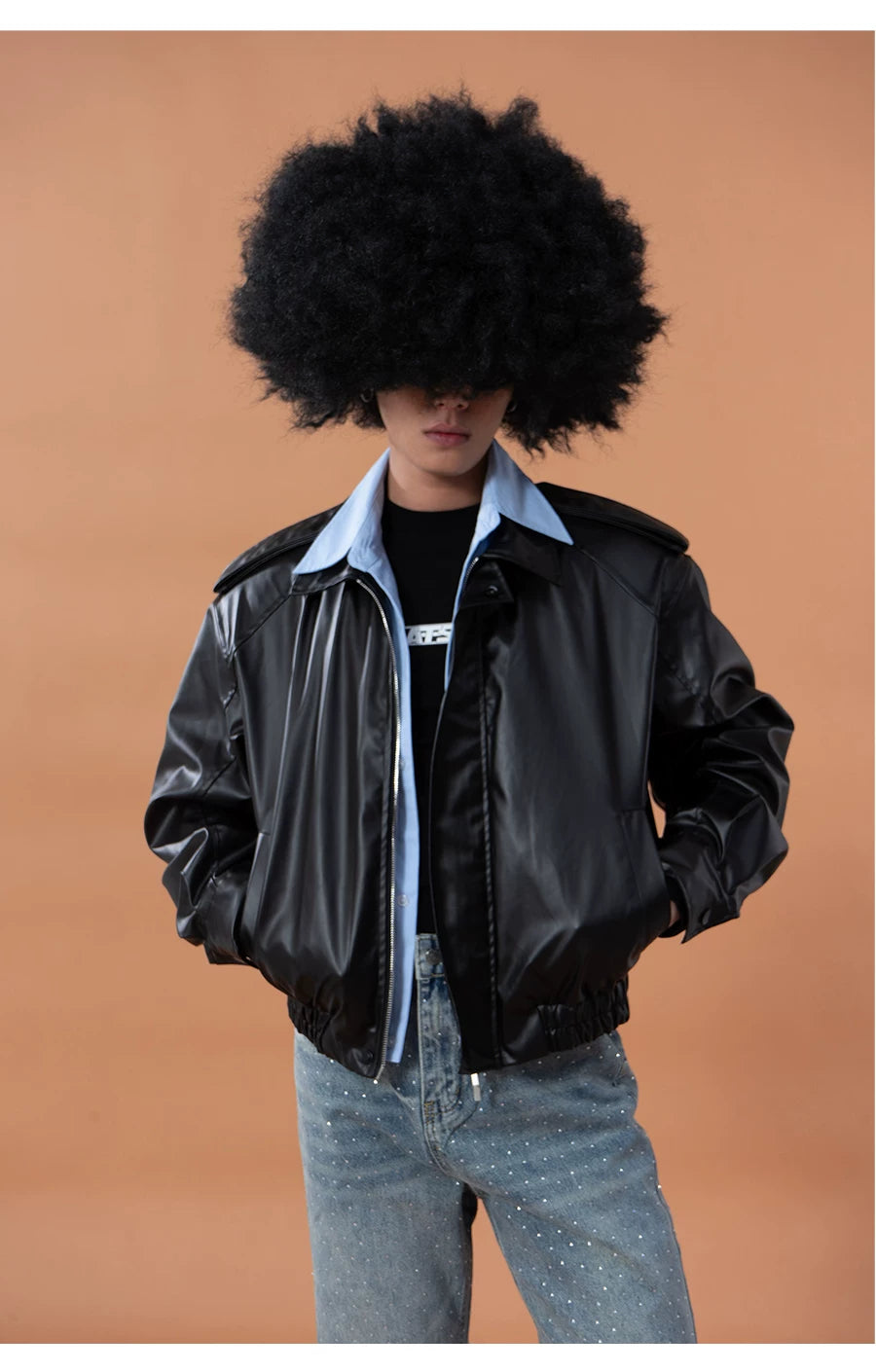 Black Shirt-Collared Faux Leather Moto Jacket