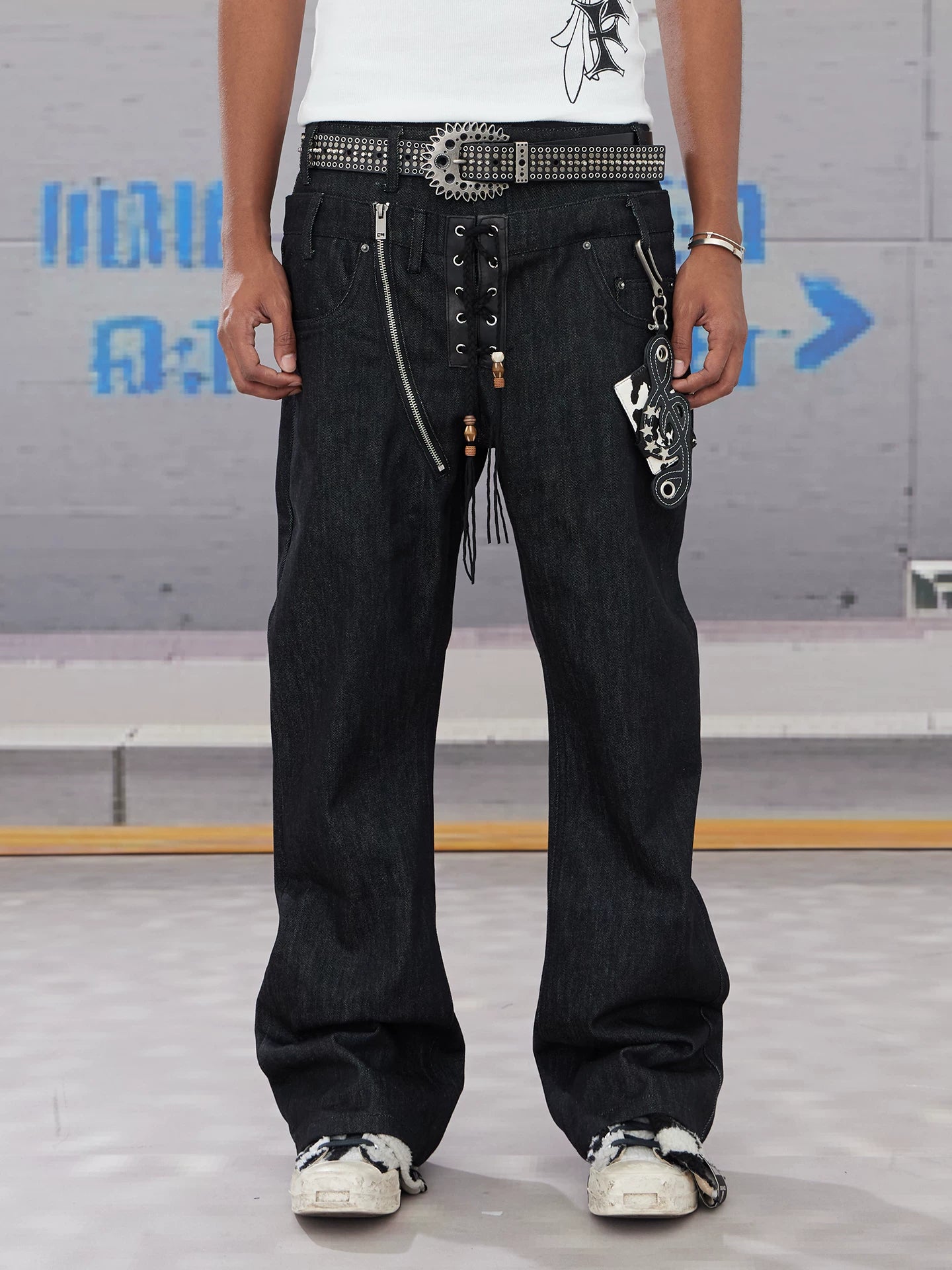 Retro Flared Drawstring Zipper Jeans