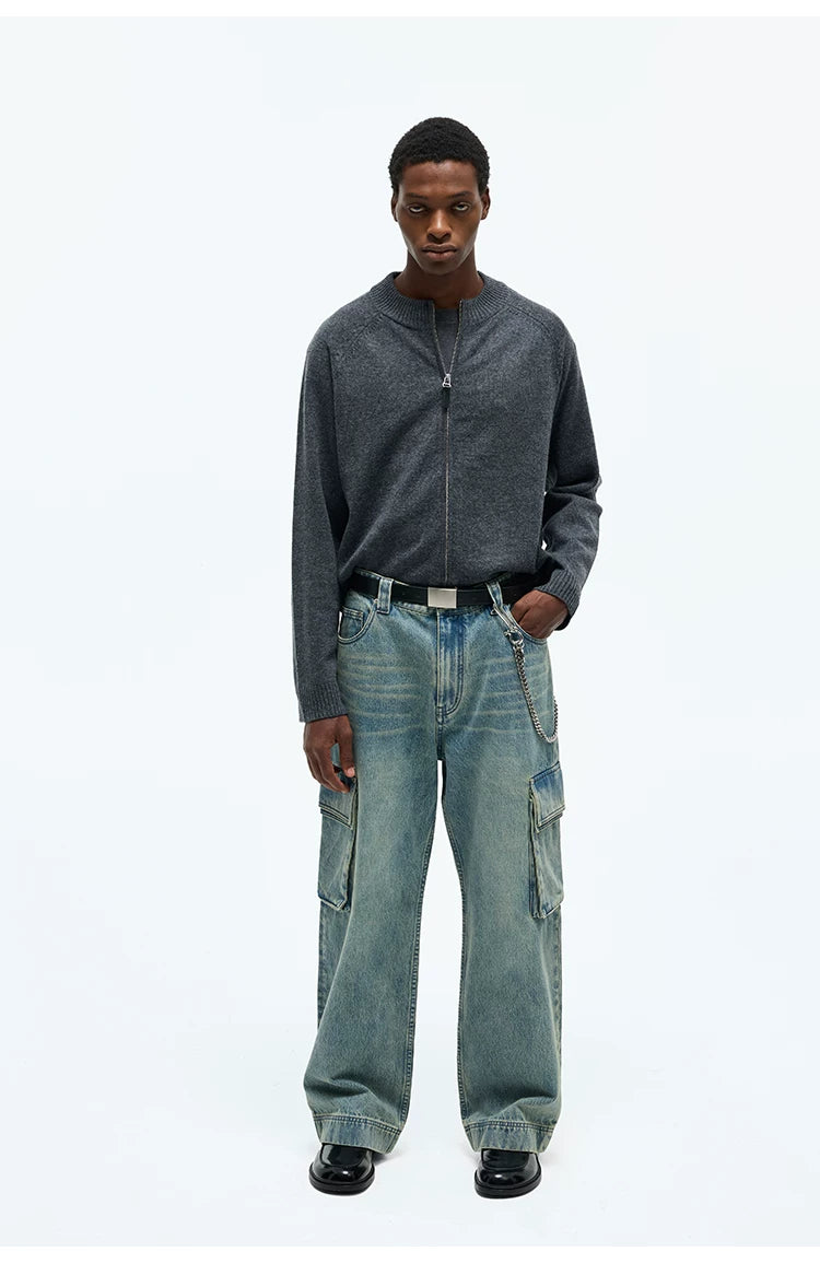 Washed Multi-pocket Straight Leg Cargo Jeans