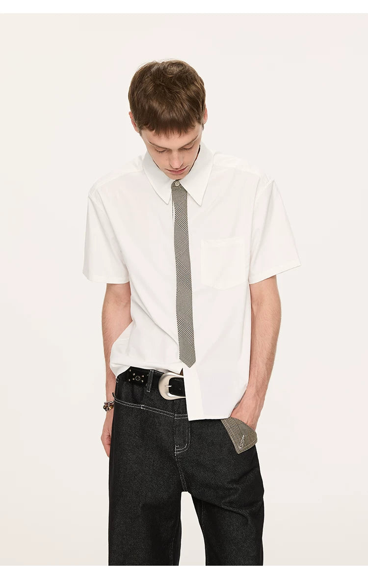 Striped And Houndstooth Short-Sleeved White Shirt