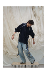 Washed Semi-Zip Relaxed Straight Leather-Patch Jeans