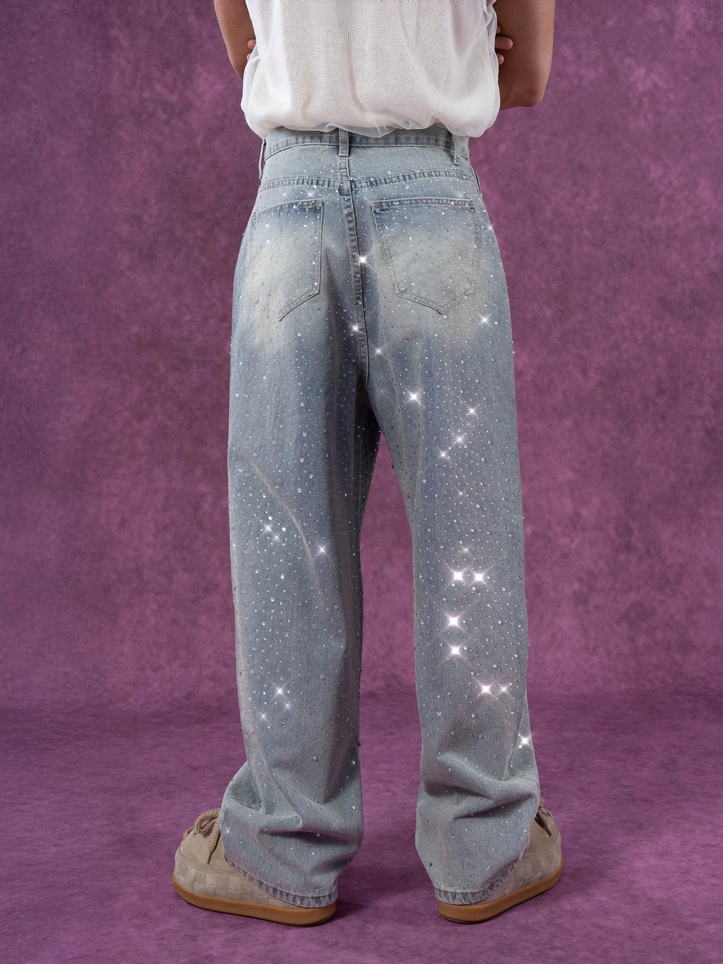 Men's Light Blue Sequined Baggy Jeans