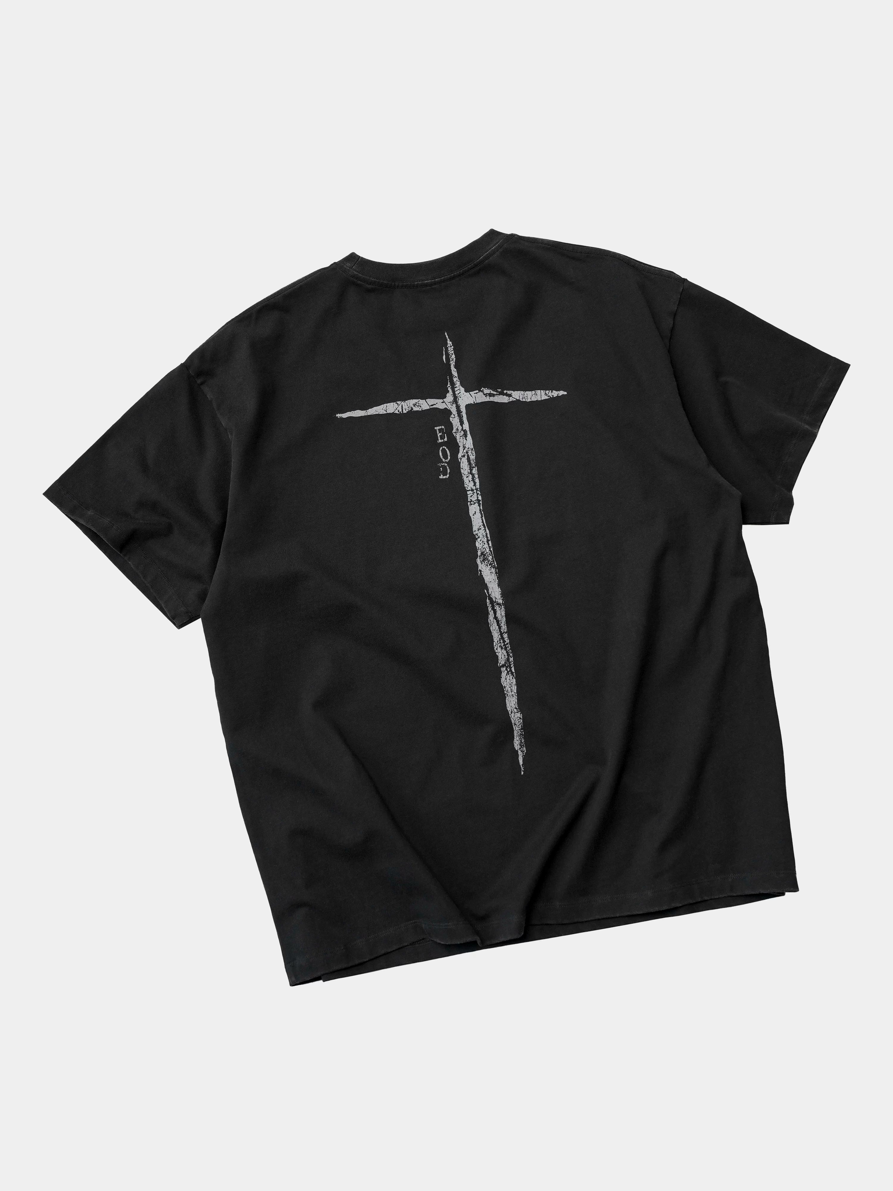 Washed Black Printed Cotton Loose T-Shirt