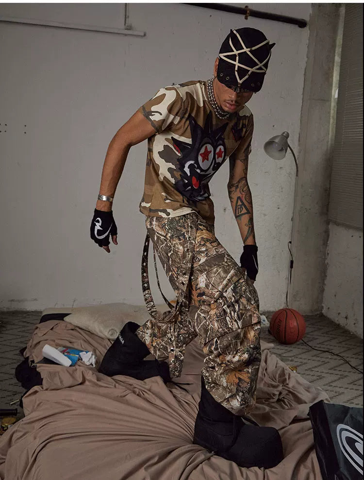 Detachable Bow Wide Leg Camo Pants