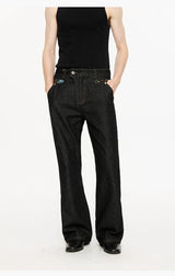 Washed Color-Blocked Floral Jacquard Flare Jeans