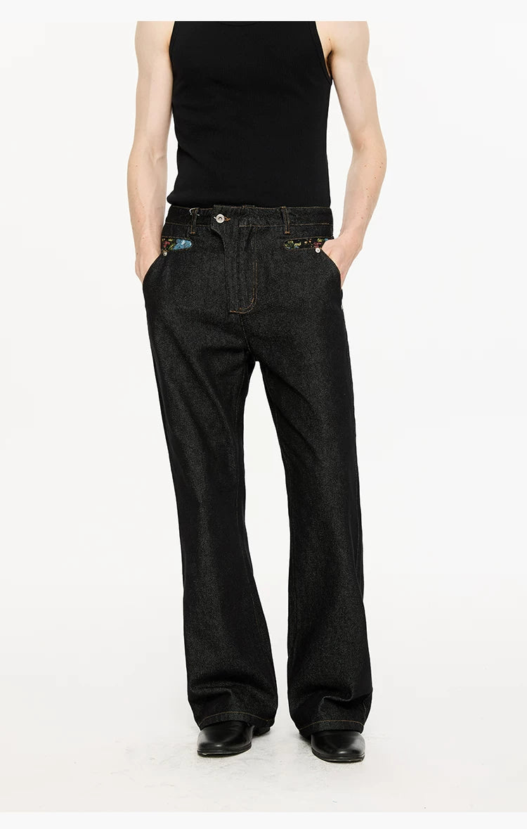 Washed Color-Blocked Floral Jacquard Flare Jeans