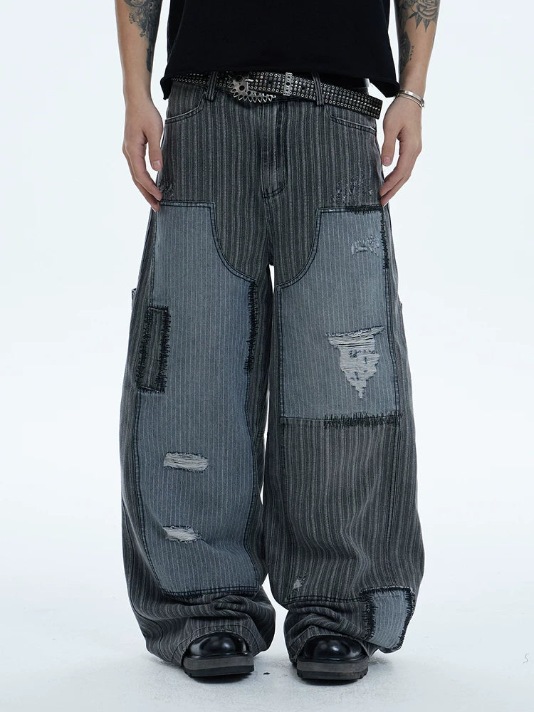 Distressed Striped Patchwork Baggy Work Pants