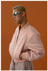 Cropped Pink Brown Cotton Baseball Jacket