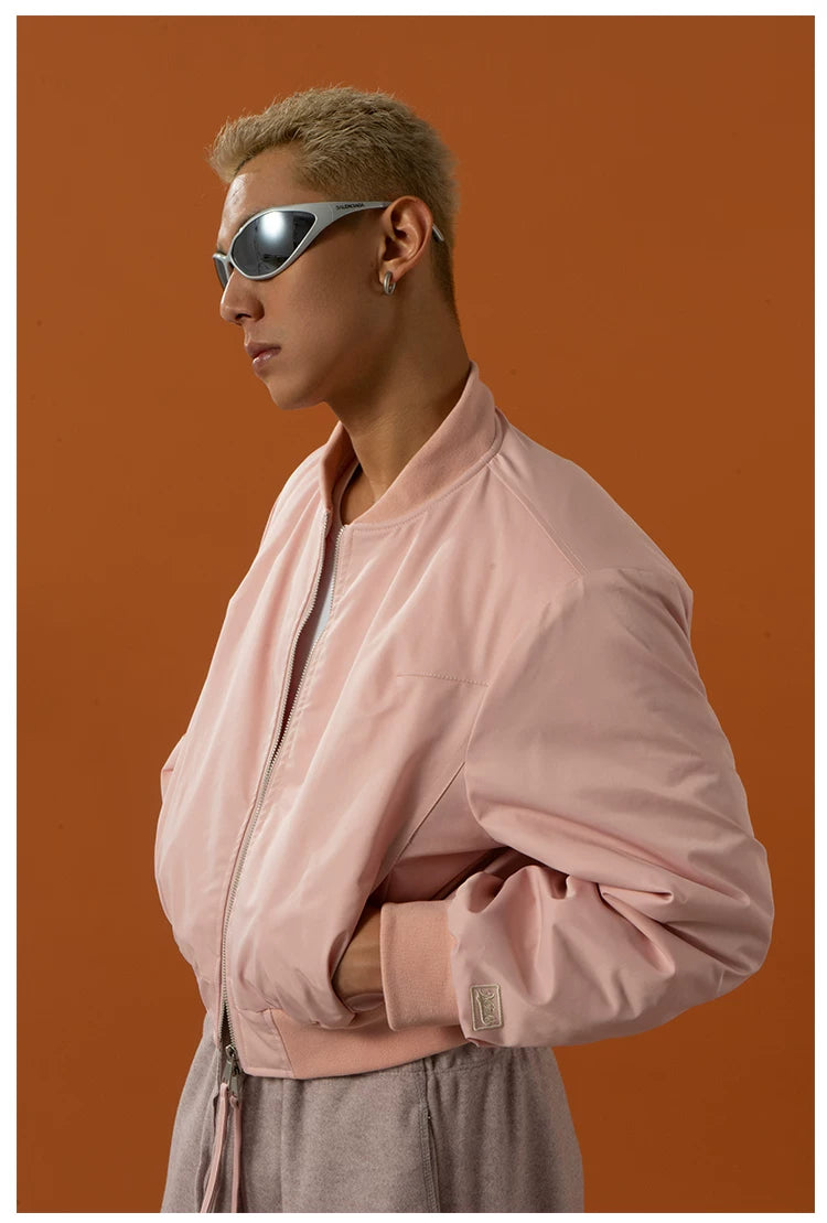 Cropped Pink Brown Cotton Baseball Jacket