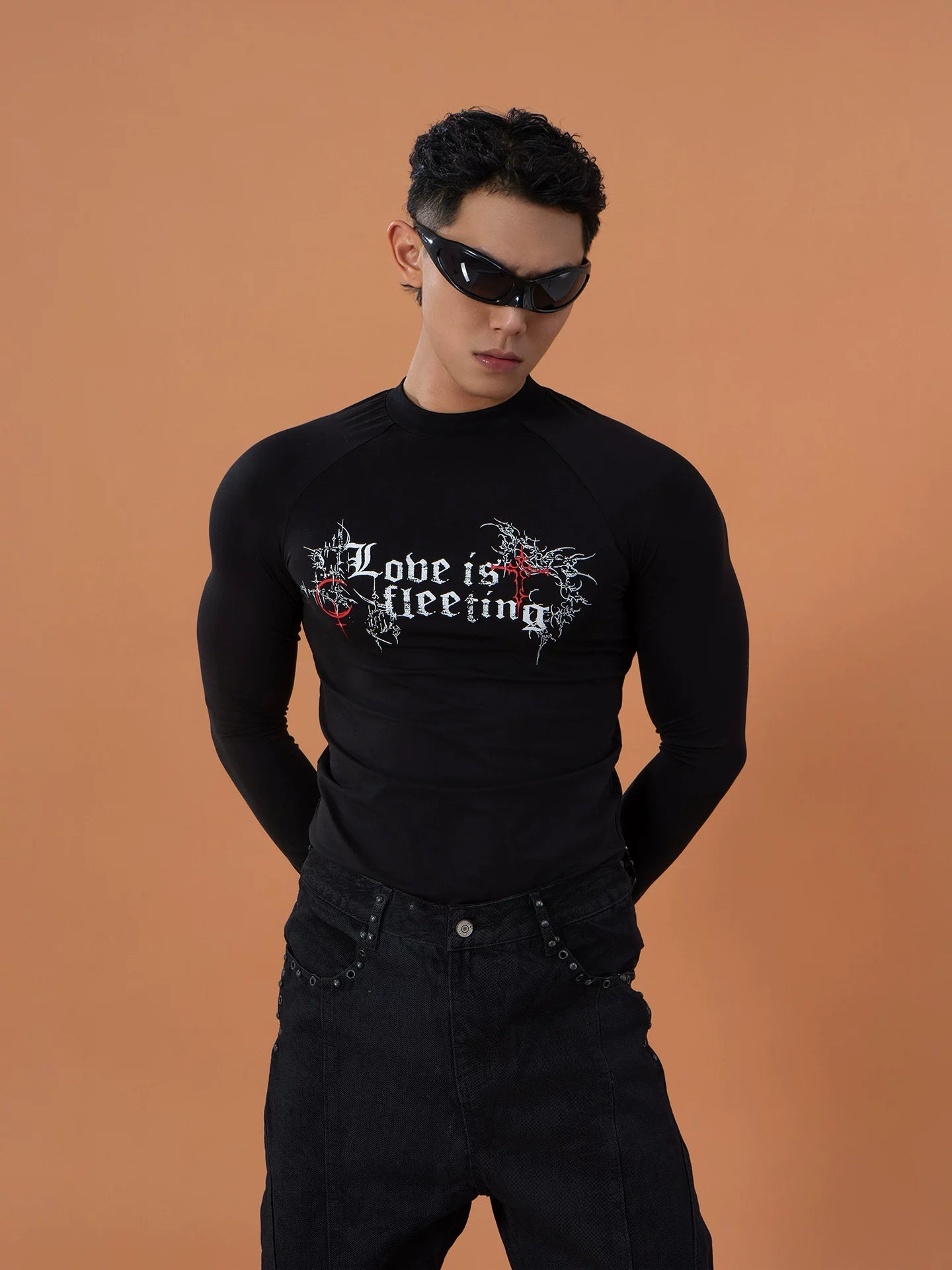 Black Gothic Print Fitted Long-Sleeve Tee