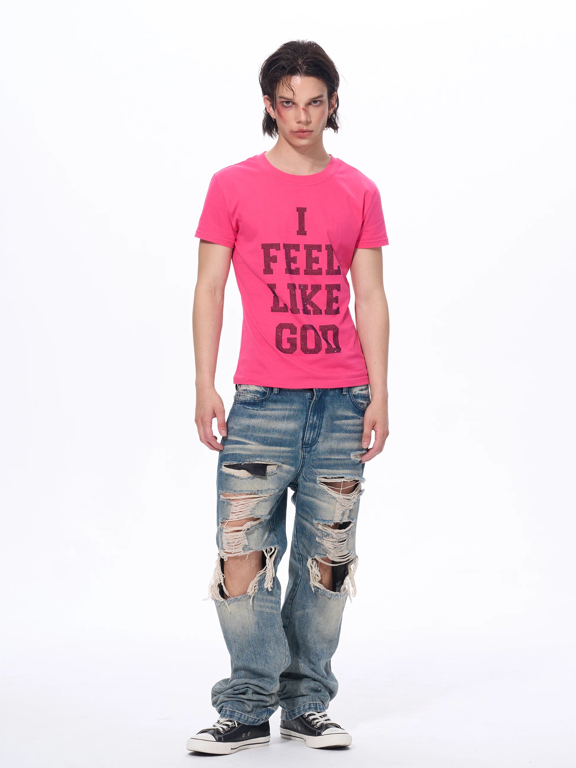 Men's Rhinestone Letter Crew Neck Tees