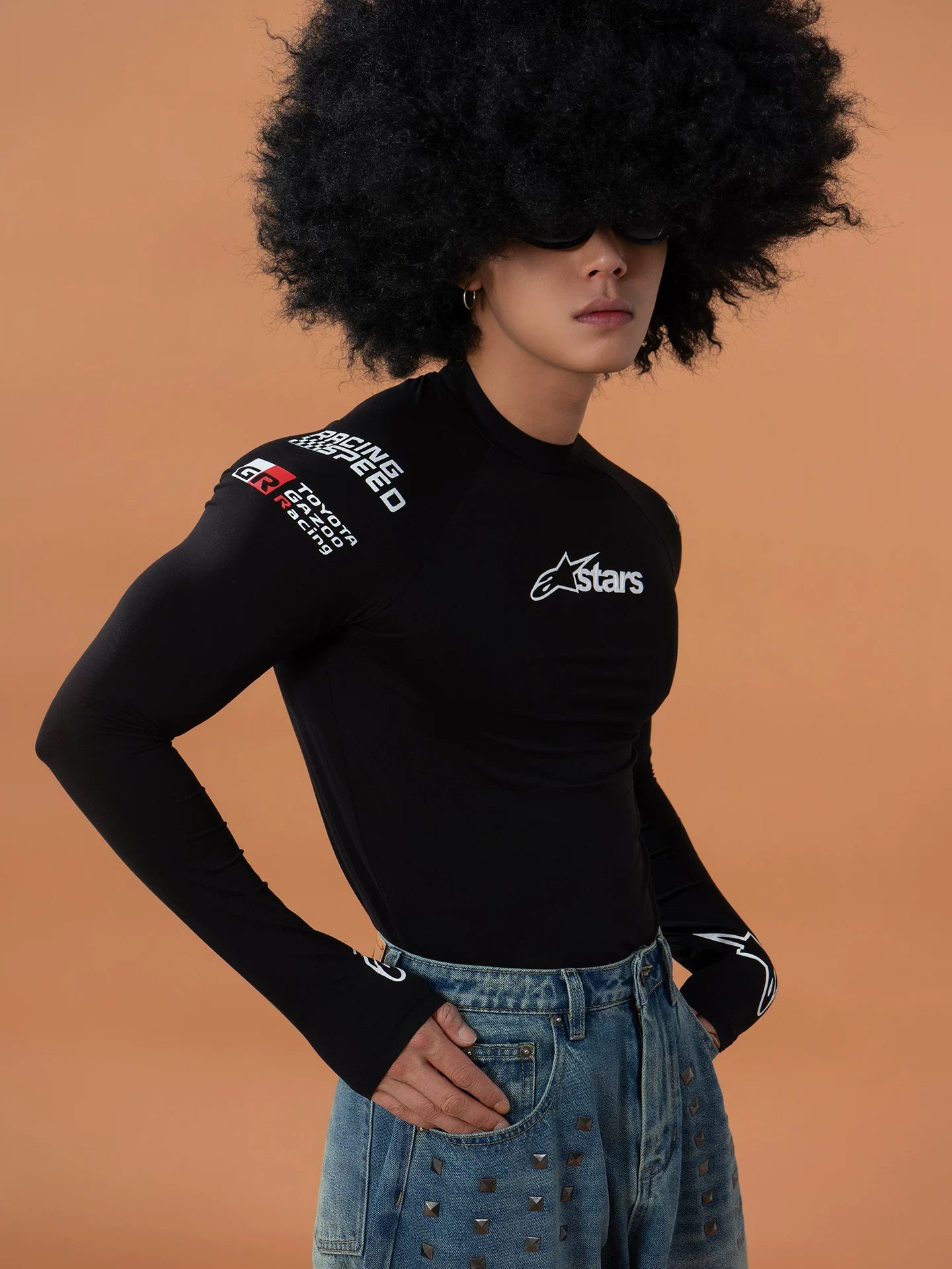 Men's Black Racing Print Long-sleeved Tee