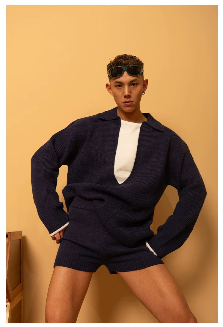 Gray Blue Navy Collar Knit Sweater