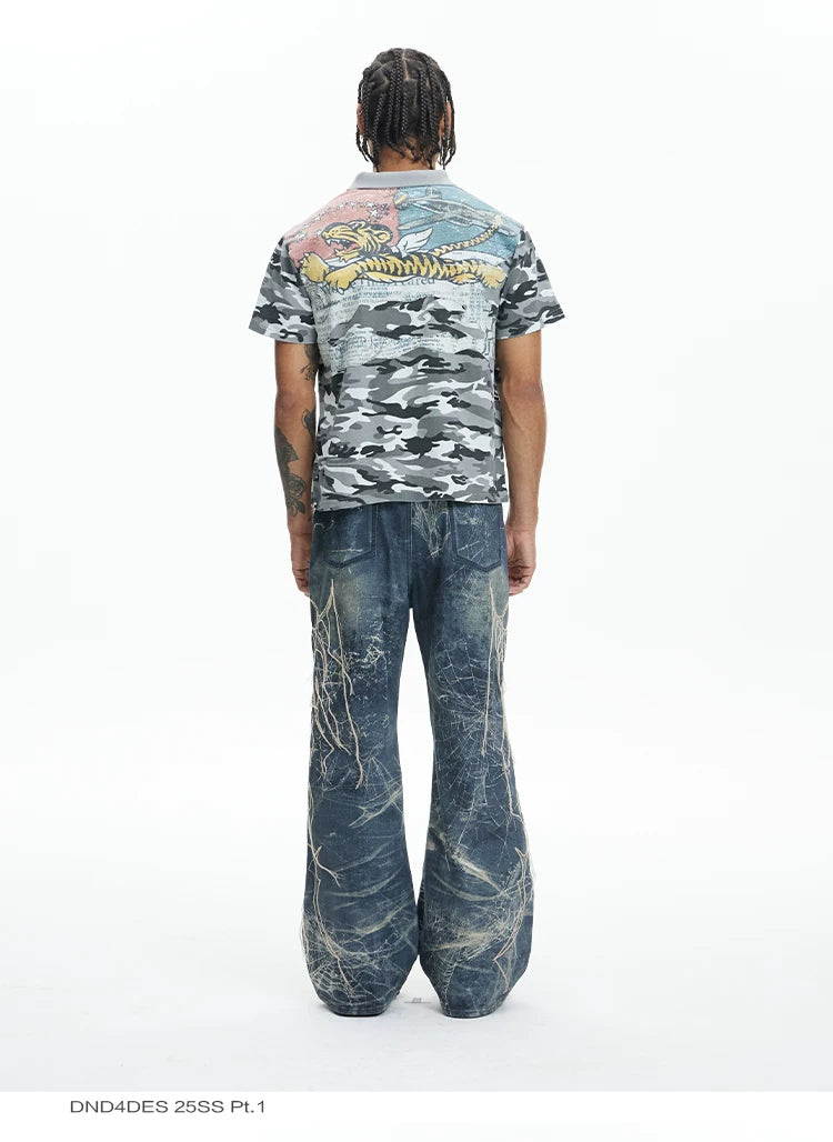 Ripped Spider Embroidered Straight Jeans