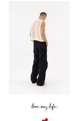 Black Khaki Drawstring Wide Leg Pants