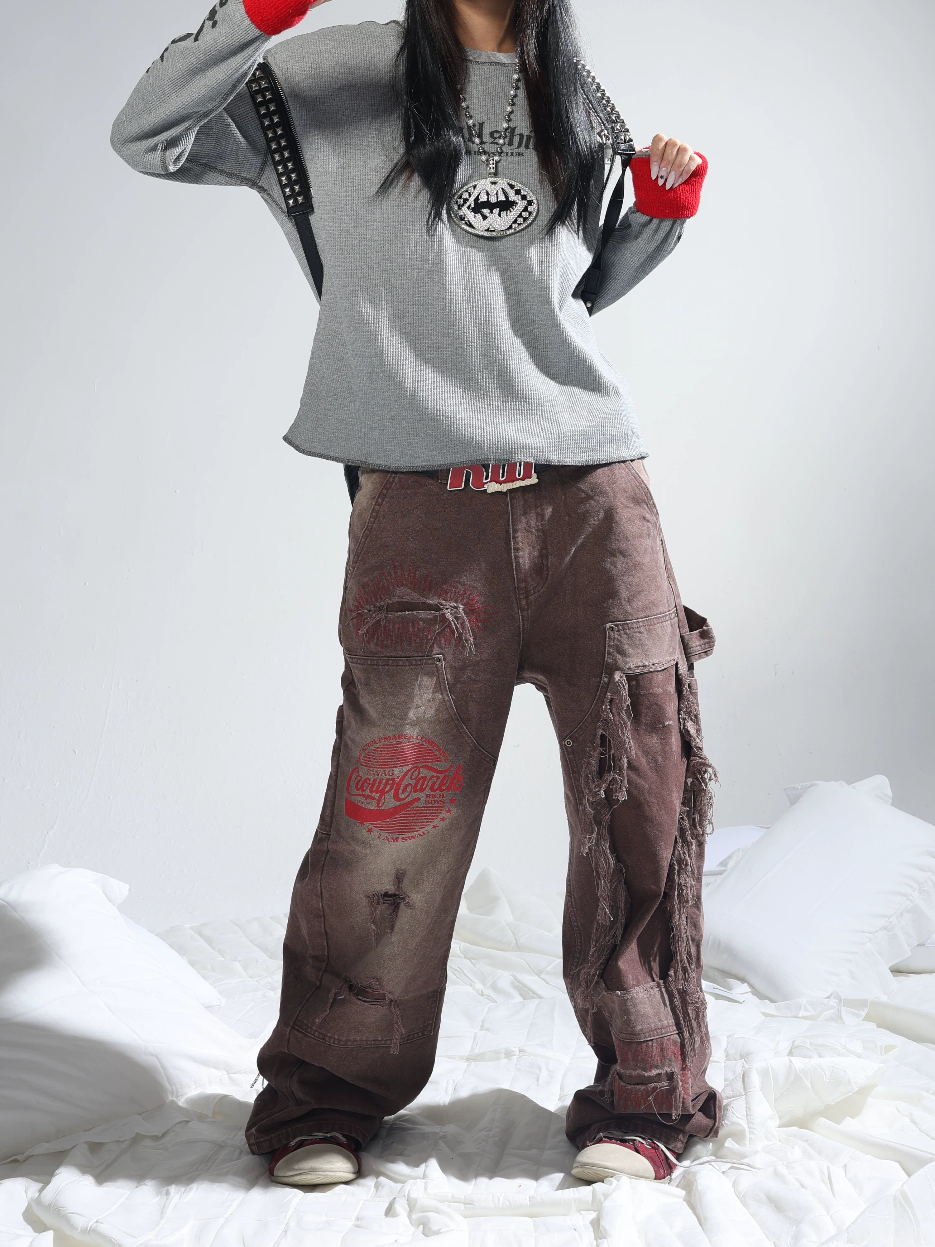 Brown Printed Washed-Distressed Wide Leg Pants