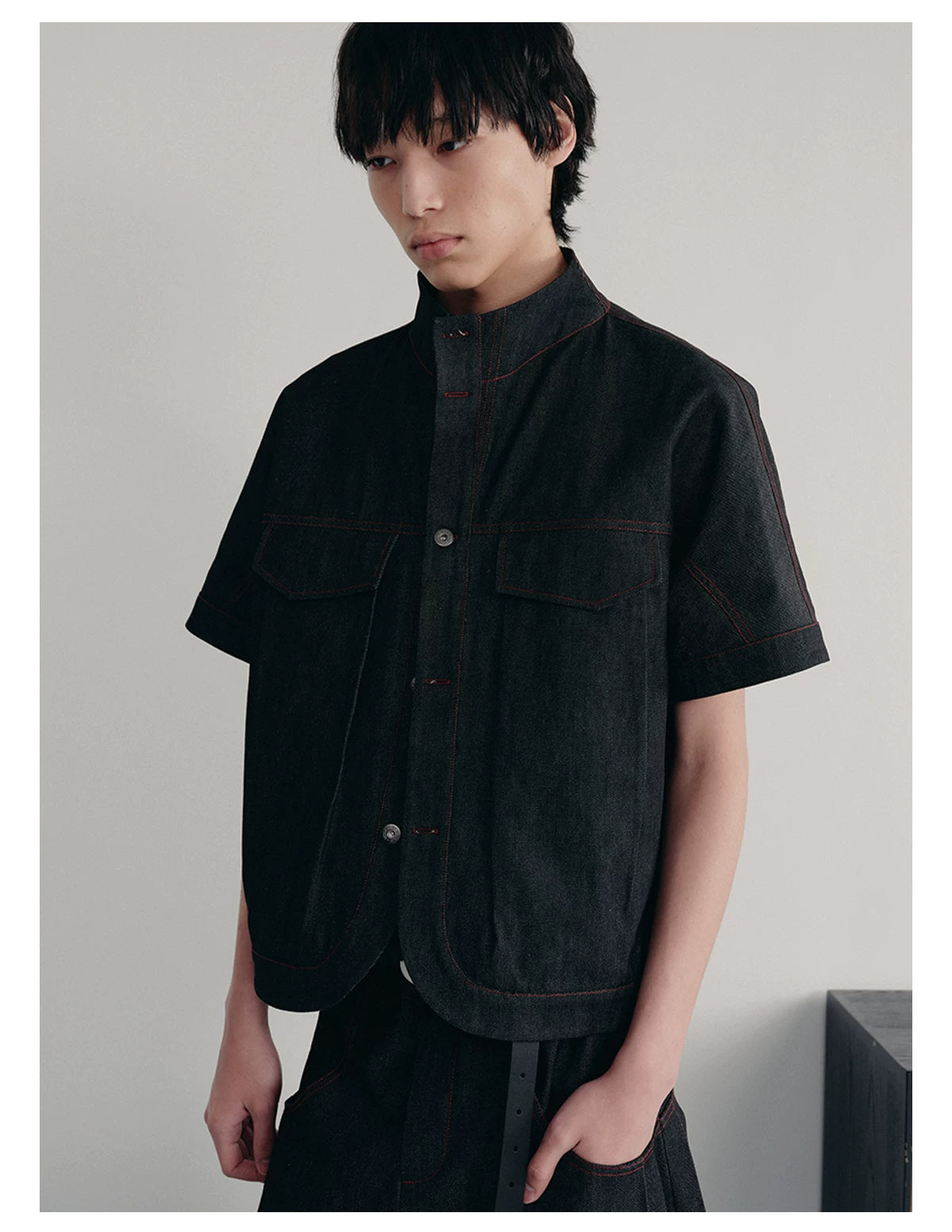 Stand Collar Denim Shirts With Pockets