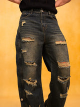 Men's Dark Distressed Slit Wide Jeans