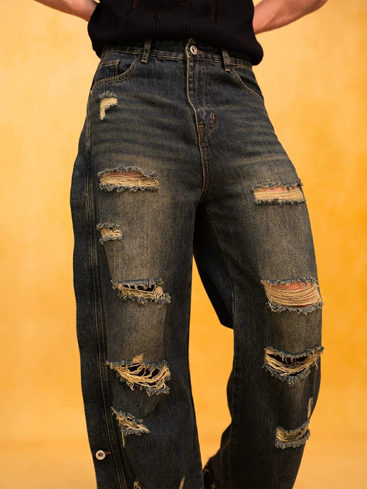 Men's Dark Distressed Slit Wide Jeans