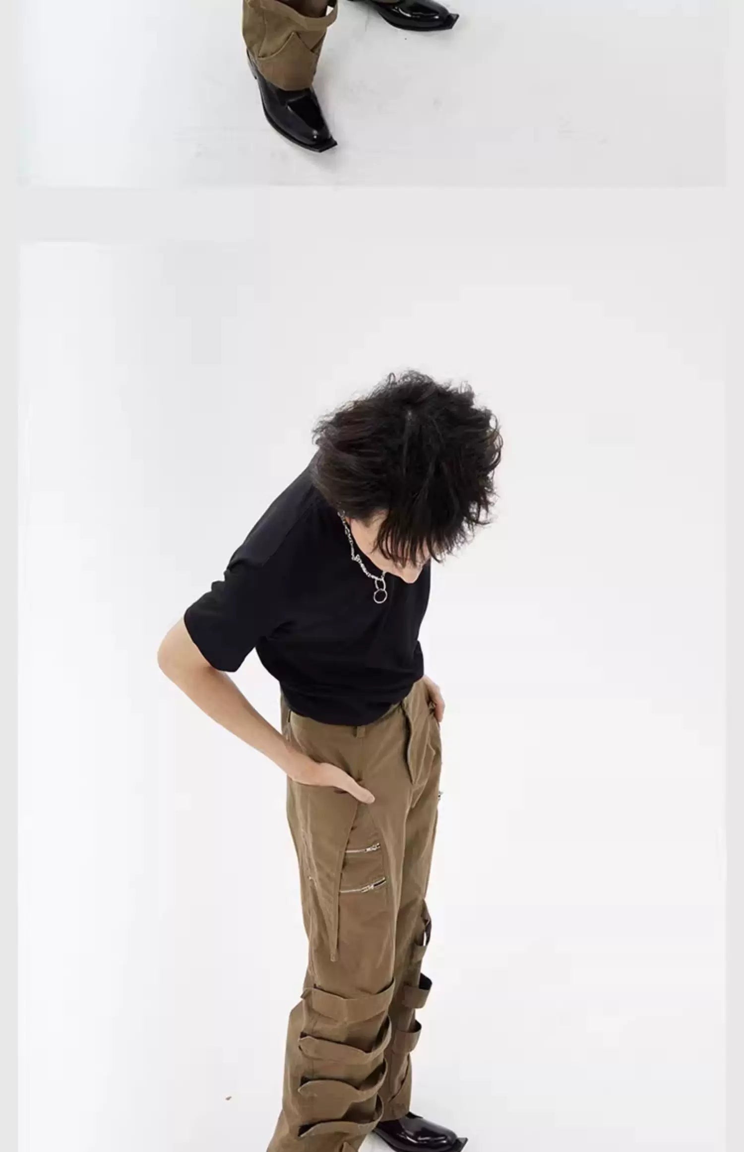 Vintage Brown Tie-Waist Wide-Leg Cargo Pants