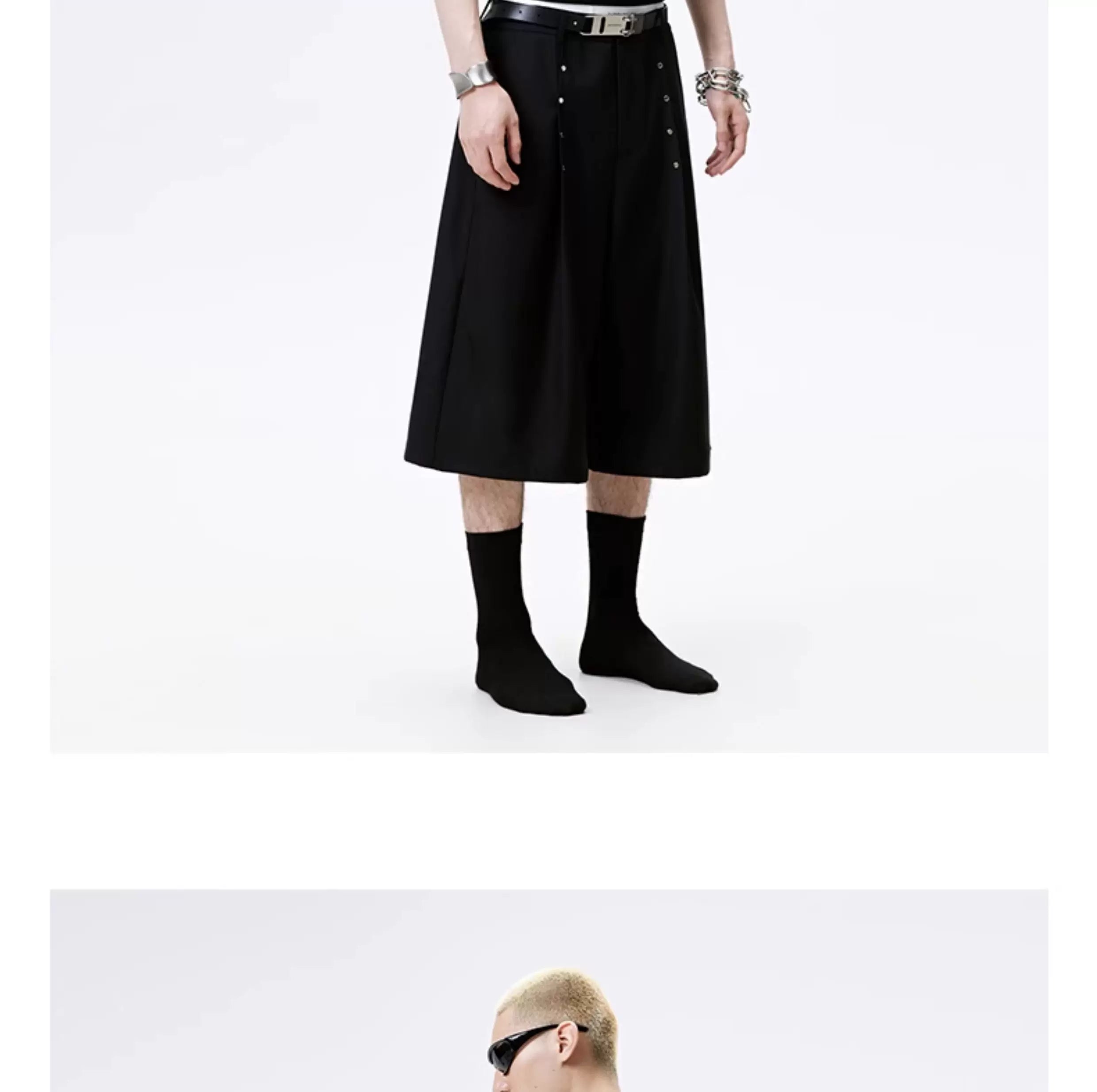 Metal Studded Pleated Wide Leg Shorts