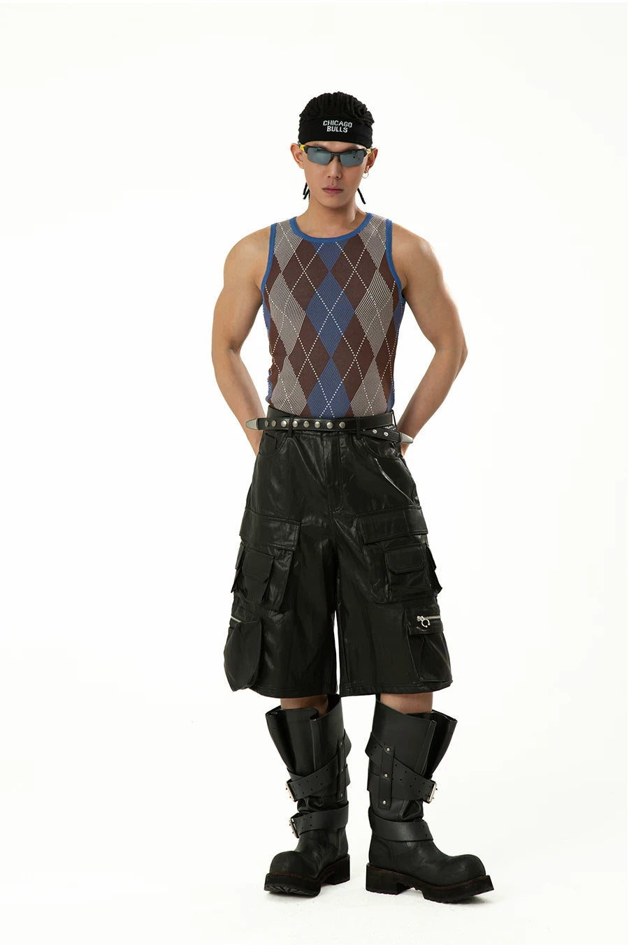 Men's Black Red PU Cargo Shorts