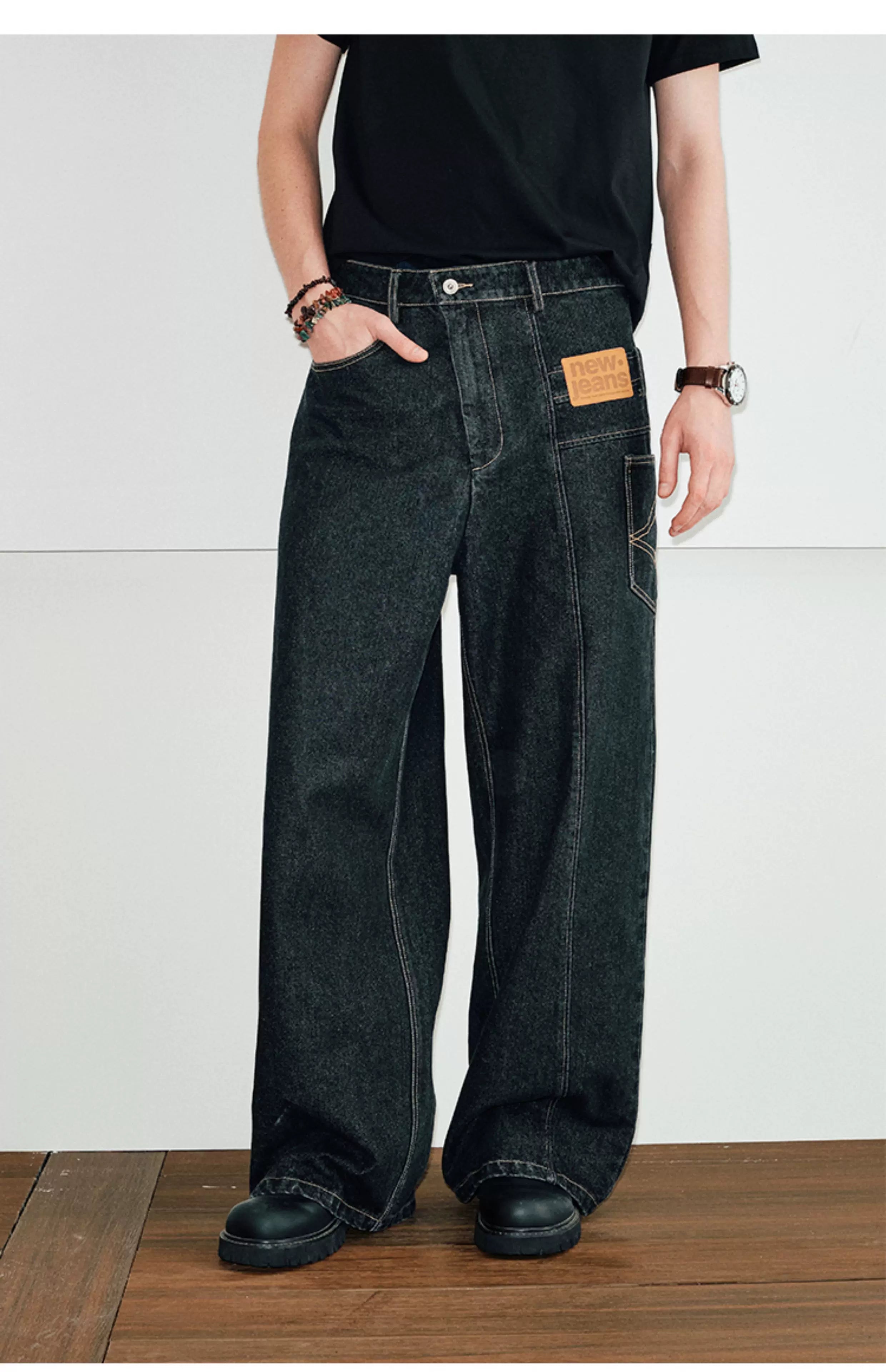 Men's Color-block Loose Raw Denim Jeans