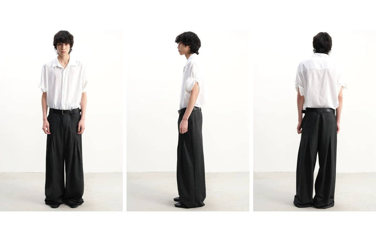 Pleated Twill Wide Leg Casual Pants
