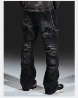 Flared Washed Distressed Patchwork Jeans
