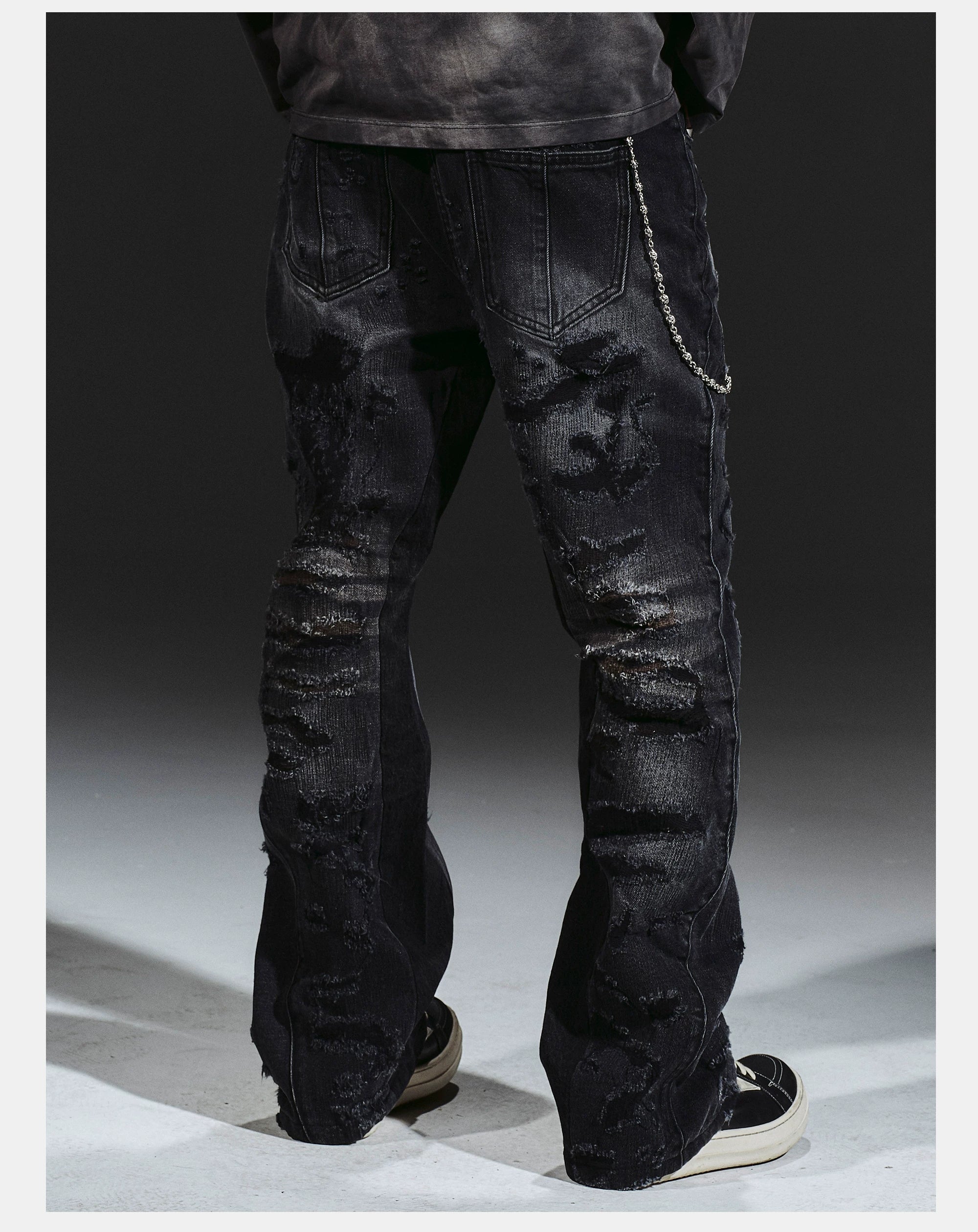 Flared Washed Distressed Patchwork Jeans