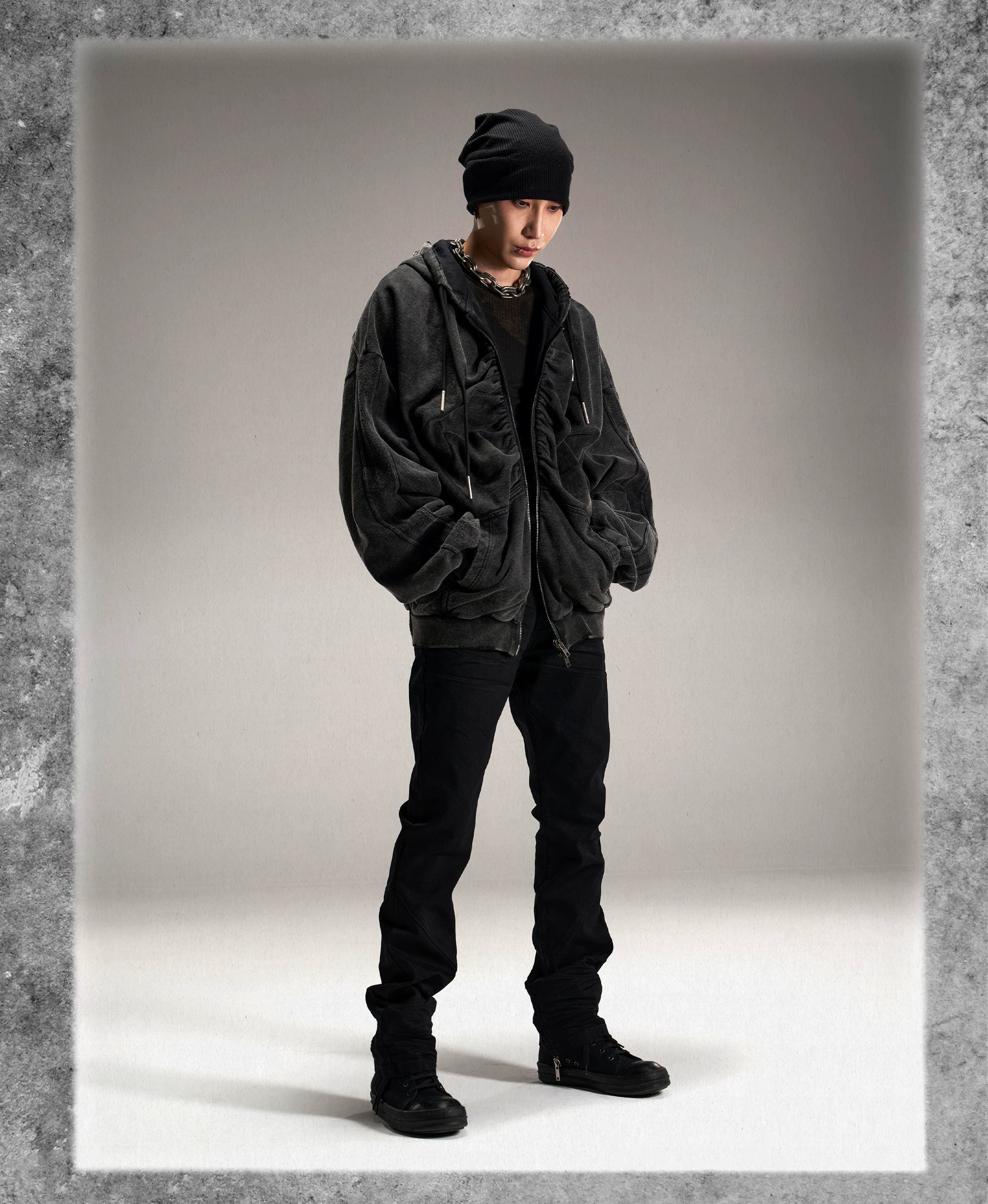 Black Loose Patchwork Zip Hoodie
