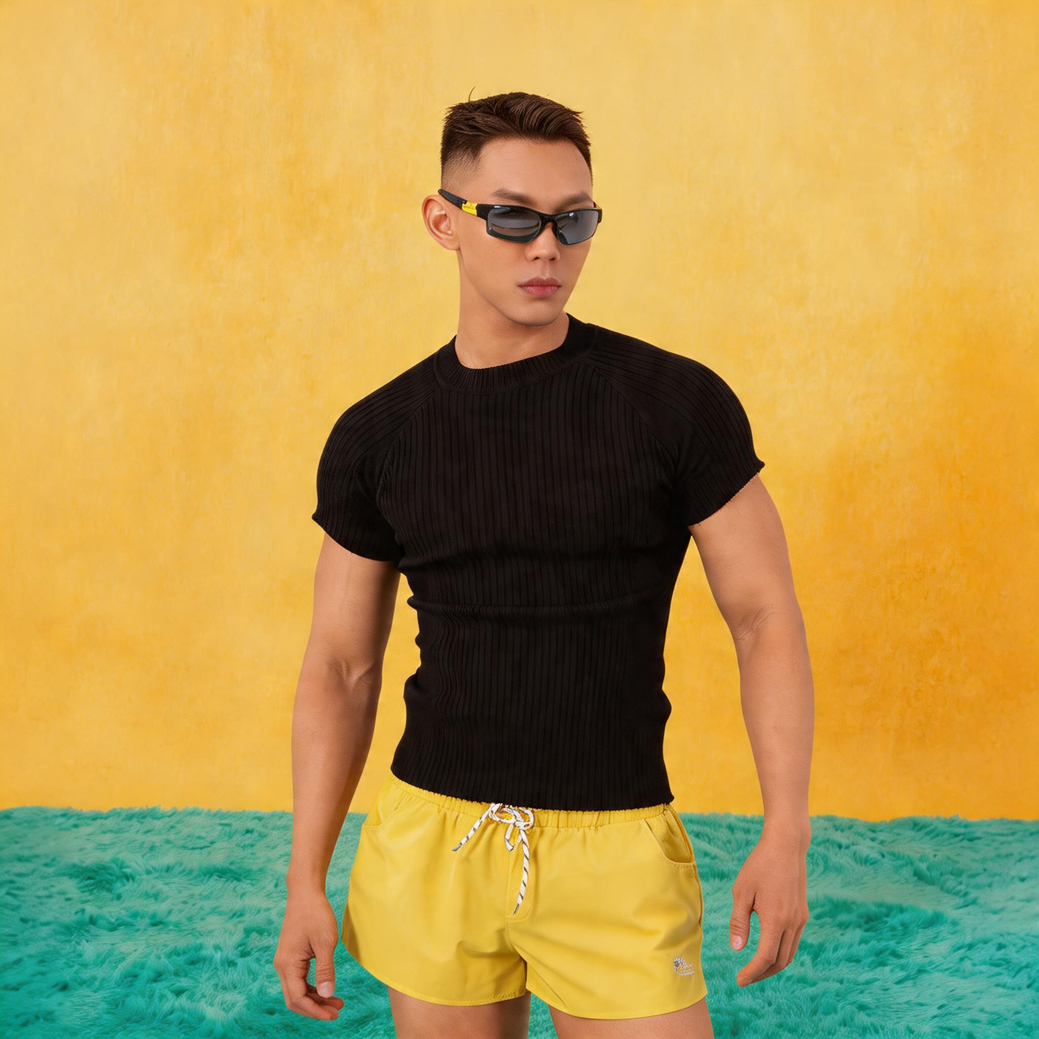 Men's Black Striped Knit Raglan Tee