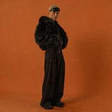 Black Red Hooded Faux Fur Coat