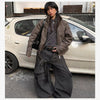 Oversized Washed Striped Removable Flap Jeans