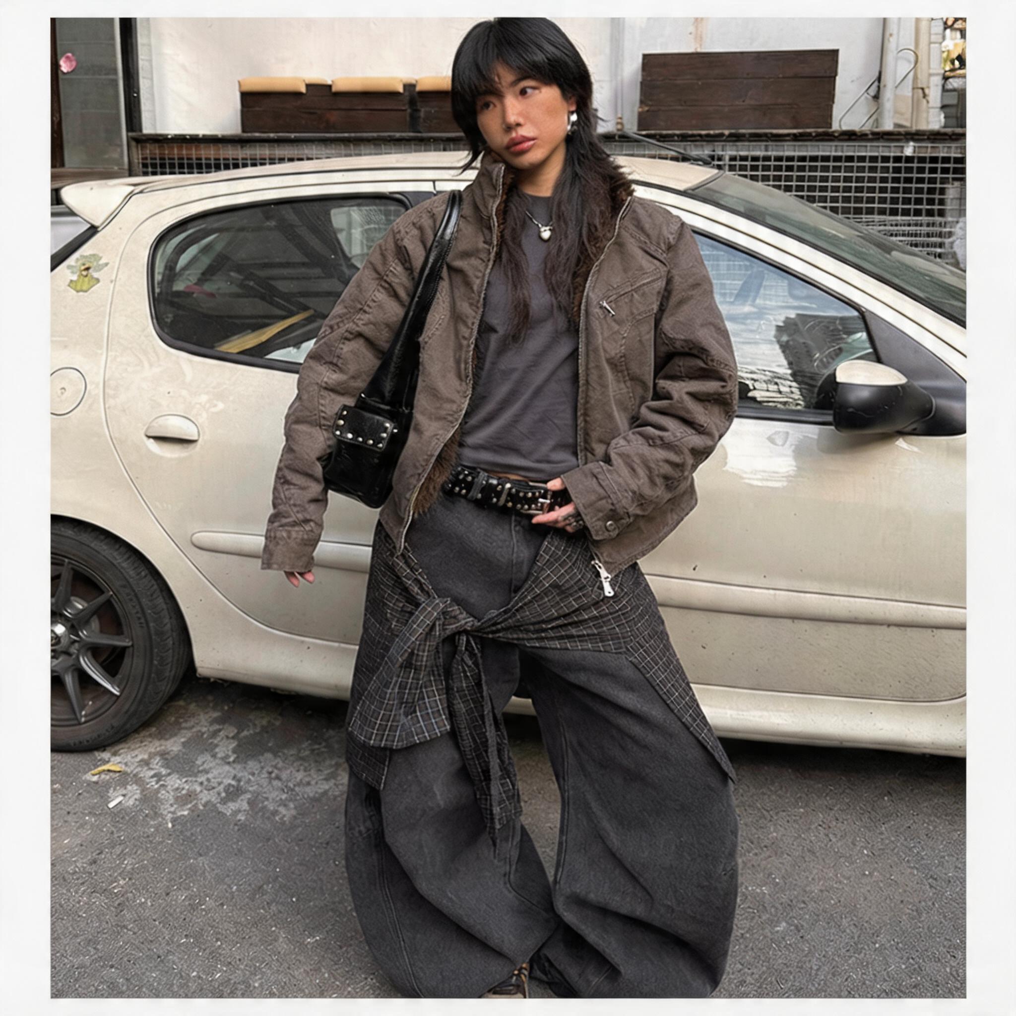 Oversized Washed Striped Removable Flap Jeans