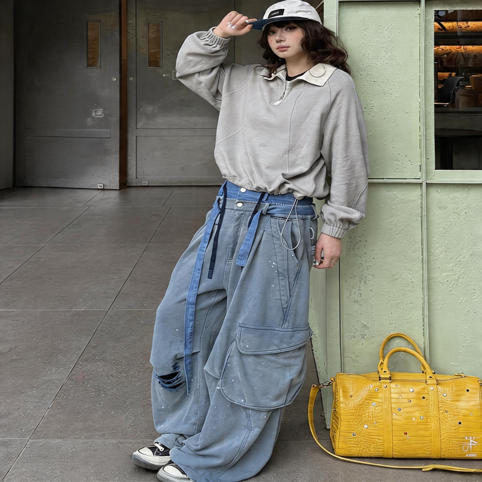 Double Waist Splatter Distressed Cargo Sweatpants