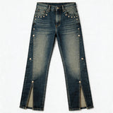 Studded Deconstructed Washed Two-tone A-line Jeans