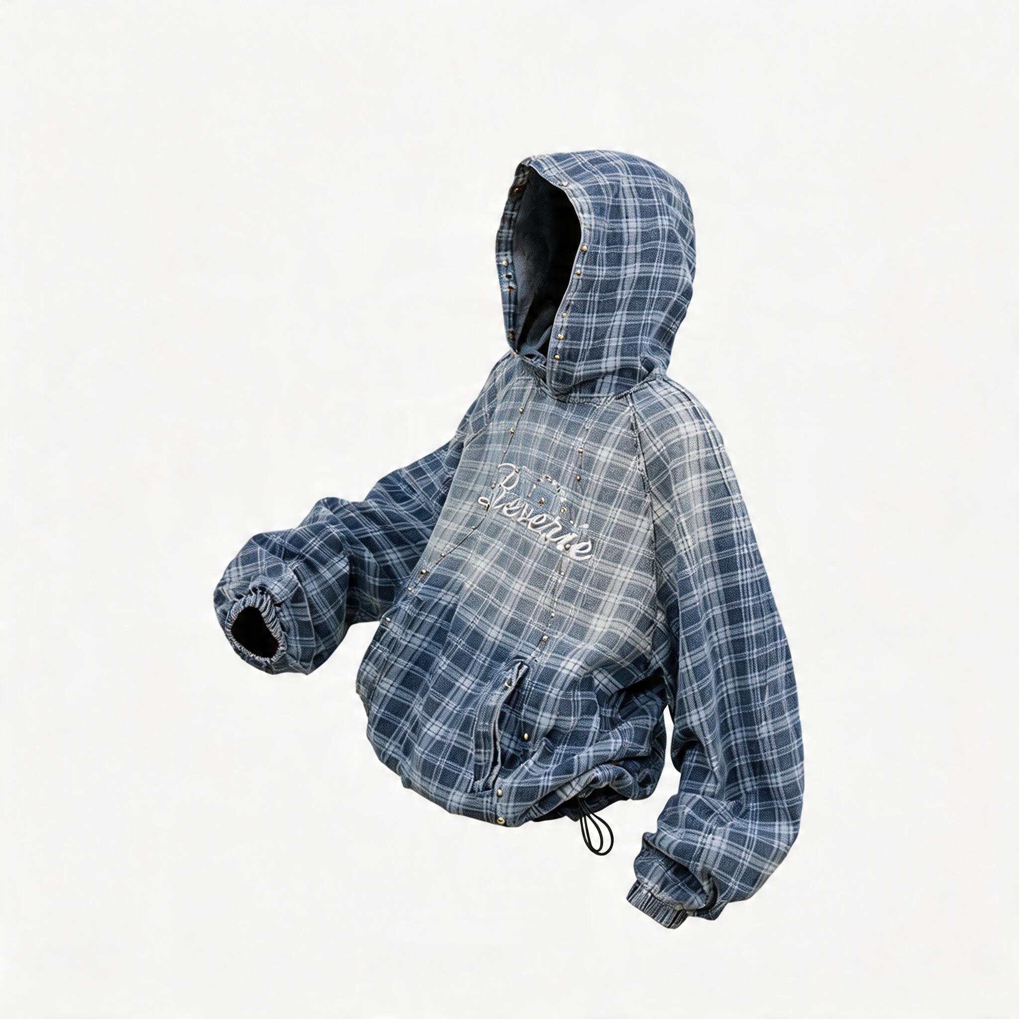 Gradient-Washed Plaid Stud Print Denim Hoodie