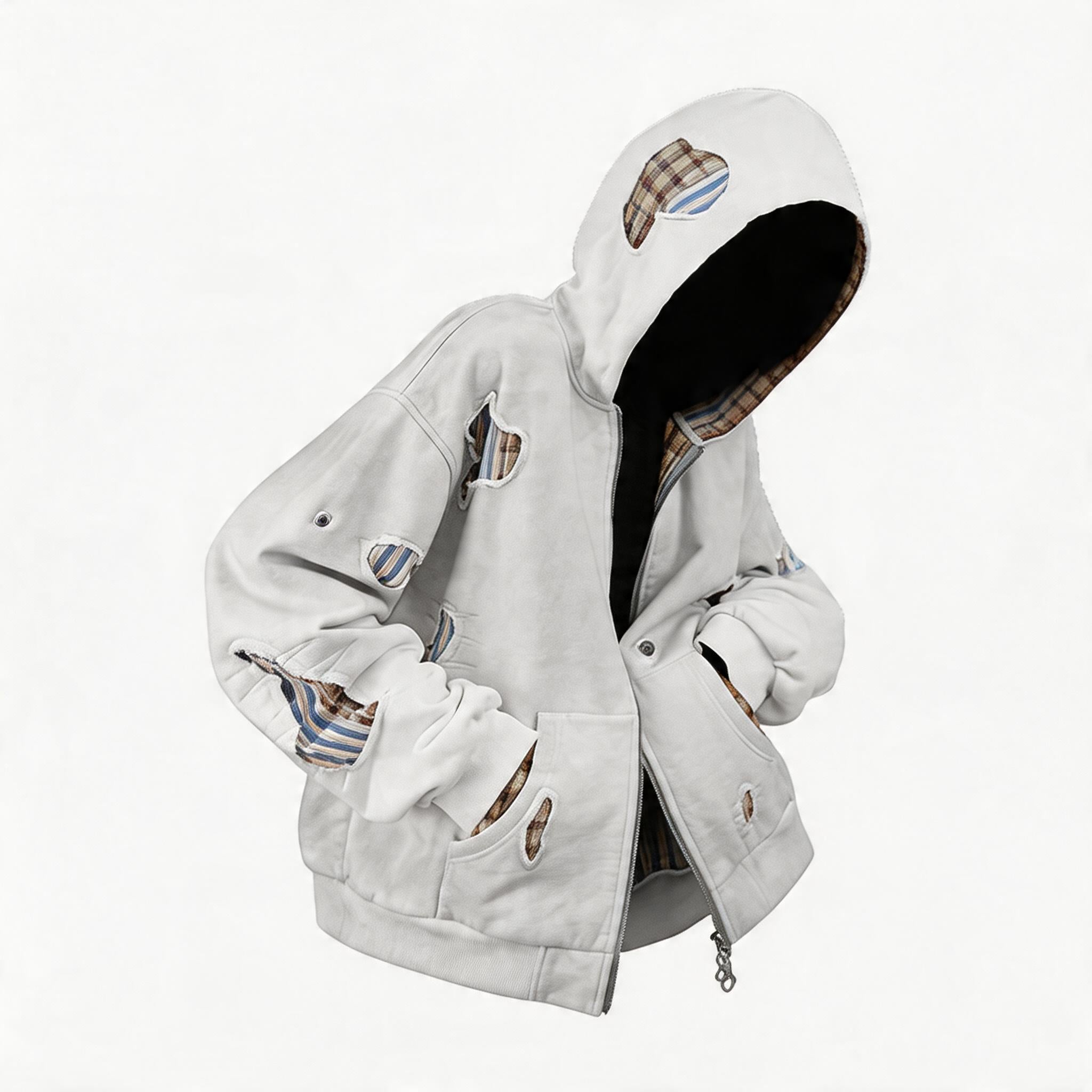 Stripe Patchwork Washed Zip Hoodie