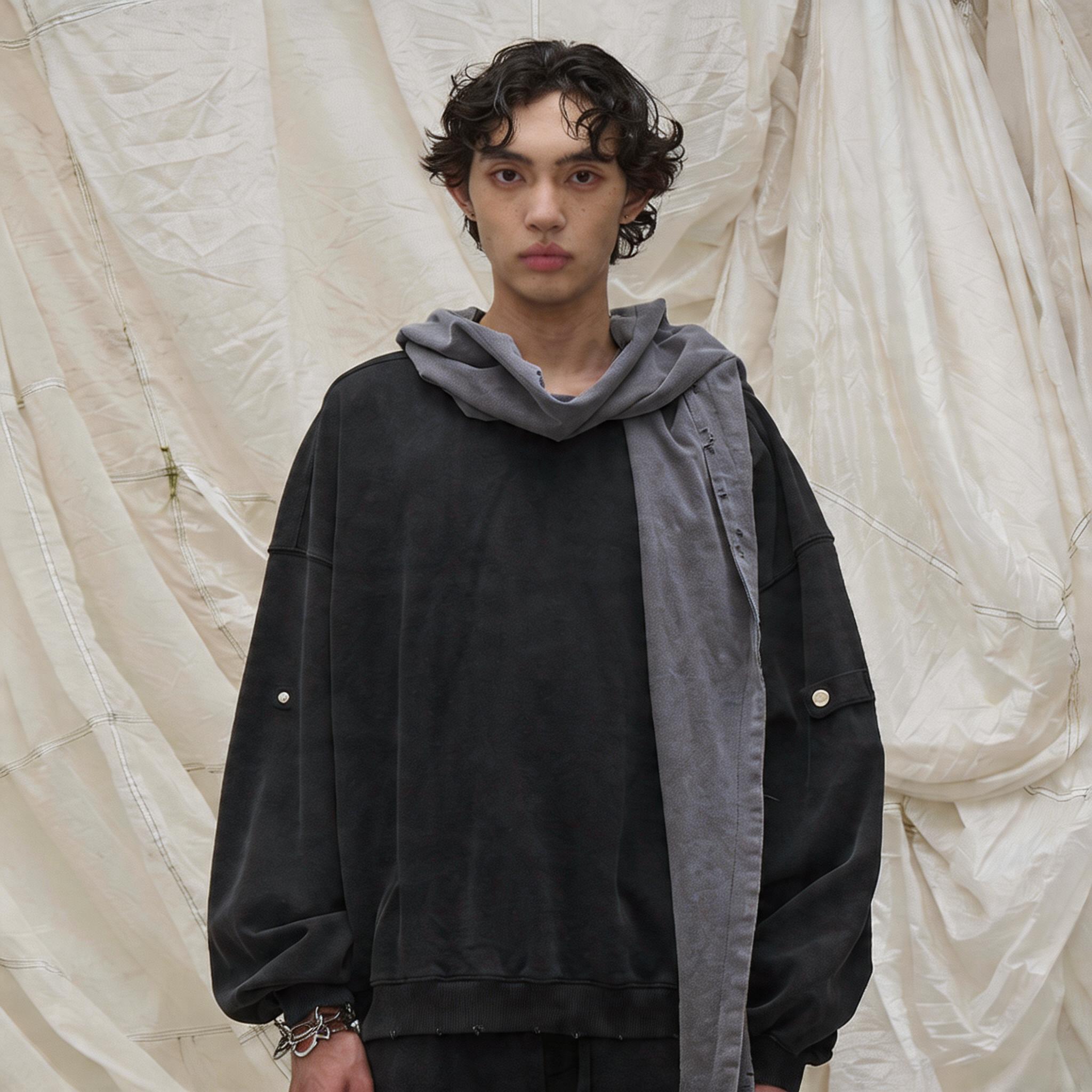 Washed Detachable Ripped Hood Grey Sweatshirt