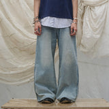 Washed Semi-Zip Relaxed Straight Leather-Patch Jeans